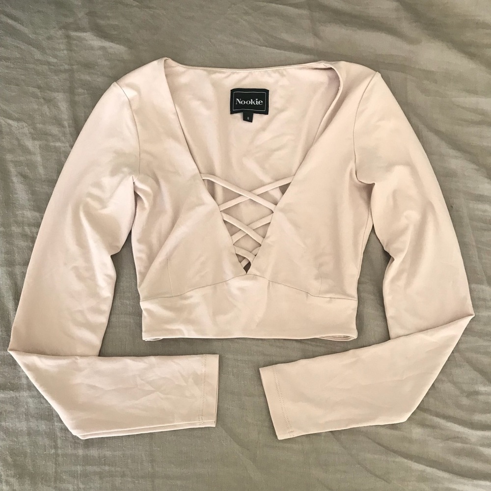 Nookie Blush Pink Long Sleeve Lace-Up Crop Top